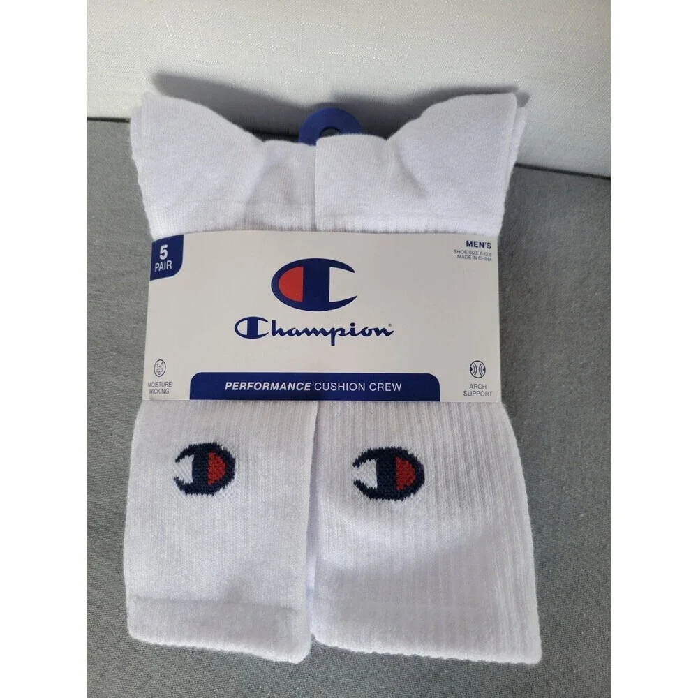 Champion Men's Performance Cushion Crew White Socks w/Logo 5 Prs Size 6-12.5 NWT